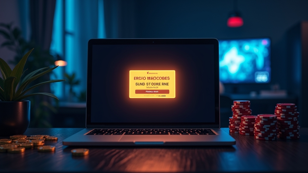 Casino desk with a glowing promo code screen and chips in a dark setting