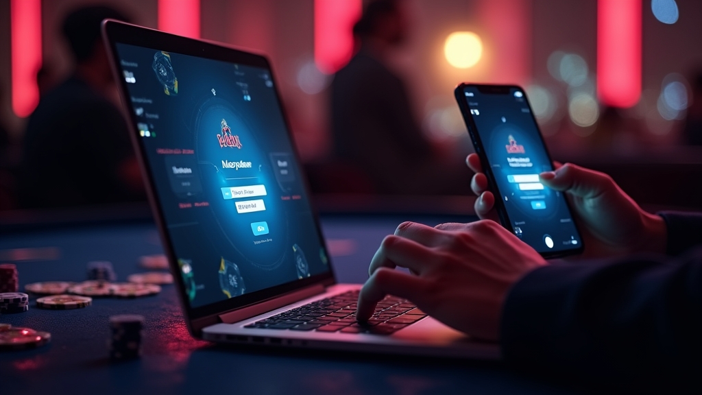 Laptop and phone showing a casino login screen in a dark neon-lit setting