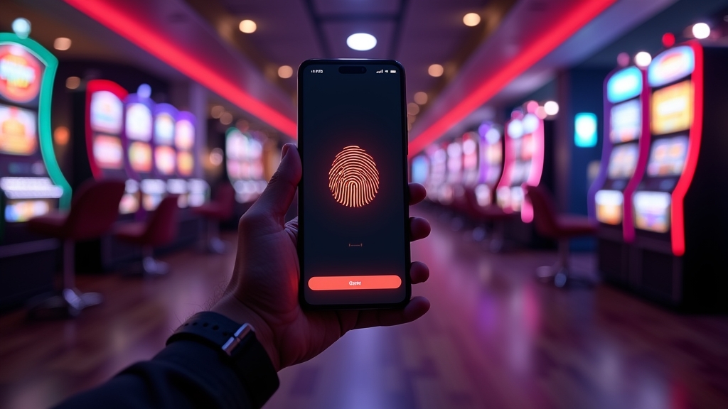 Smartphone app login screen with fingerprint access in a neon casino atmosphere