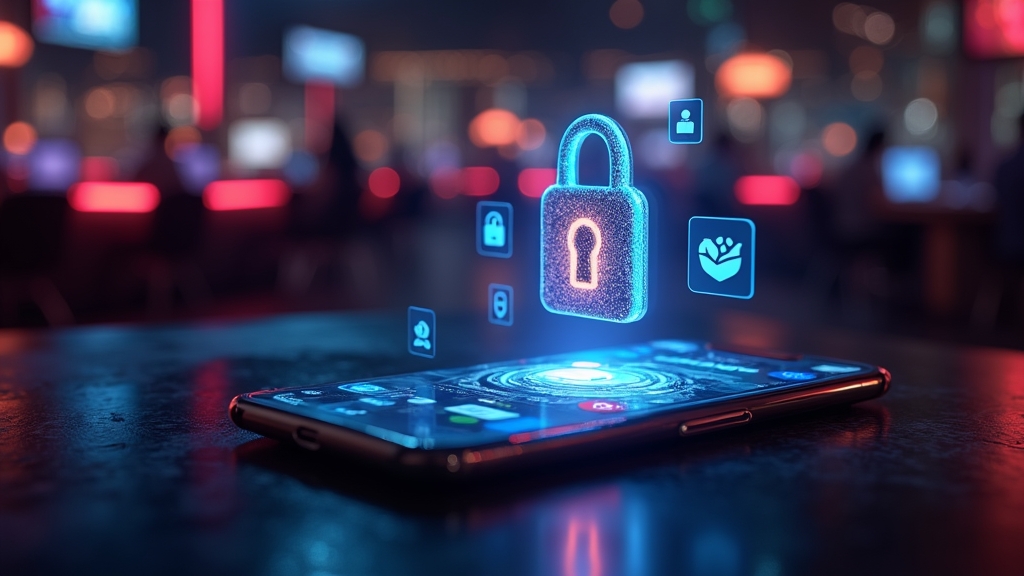 Mobile cashier, security lock, and support chat shown in a casino atmosphere