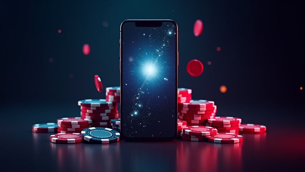 Mobile casino features shown on a smartphone with chips in a dark casino scene