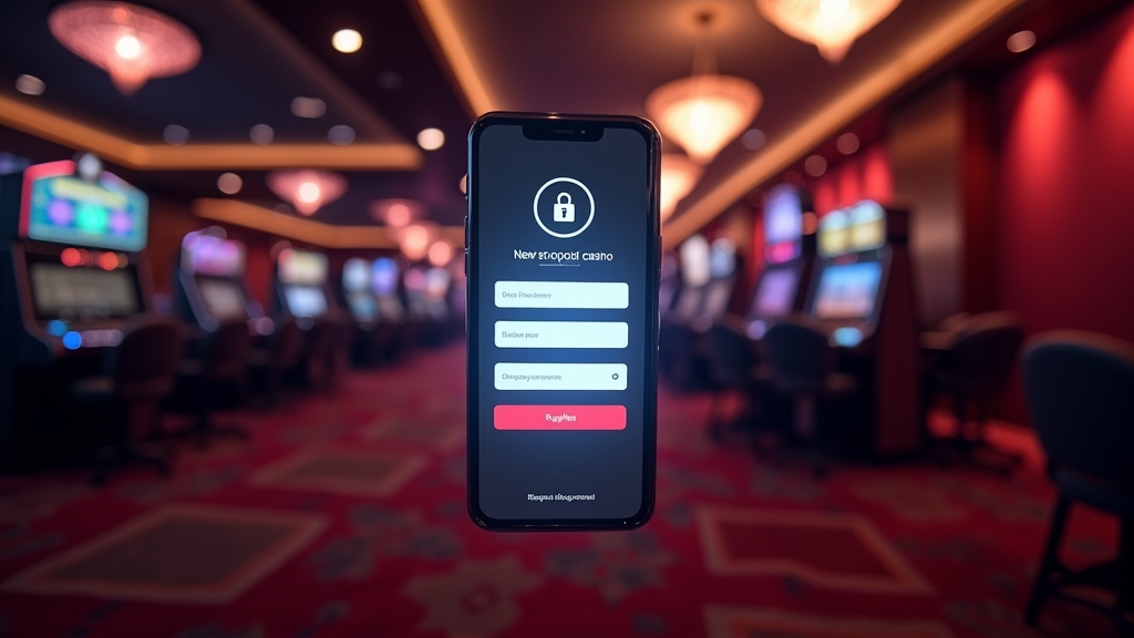 New player registration form displayed on a phone in a dark casino-style scene