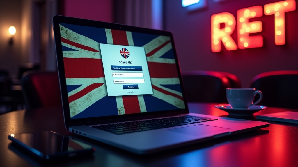 British player logging in on a laptop with a smartphone beside it in a dark casino setting